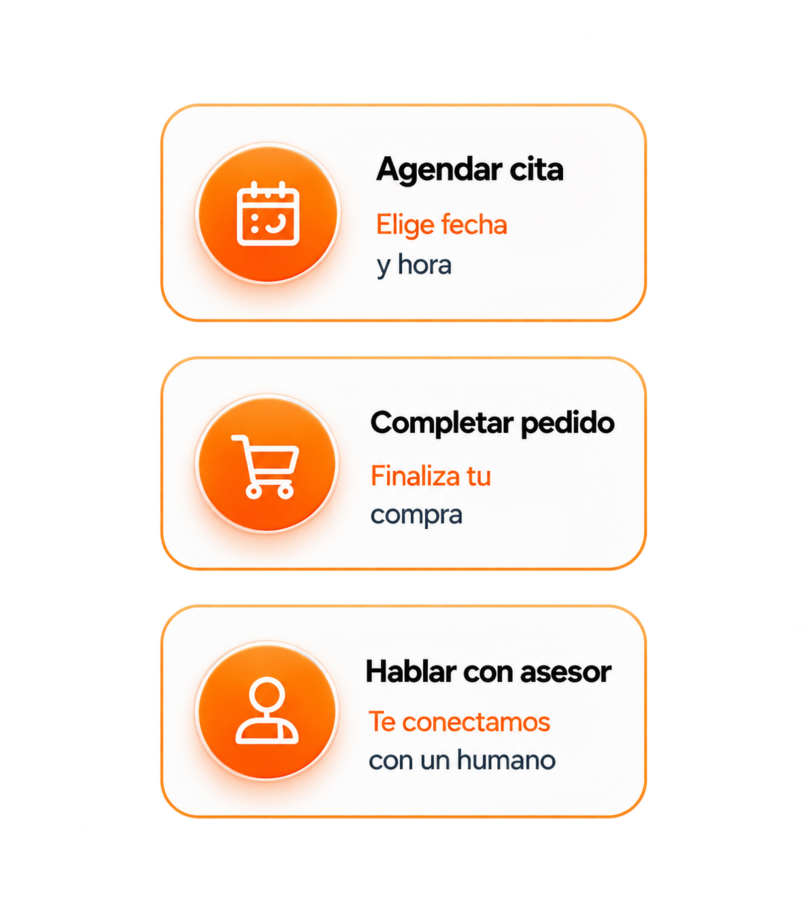 Opciones para agendar, comprar o hablar con un asesor